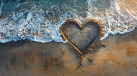 A heart shape etched into the sand on a beach, with the tranquil waves and golden sunlight creating a romantic, peaceful mood.の素材