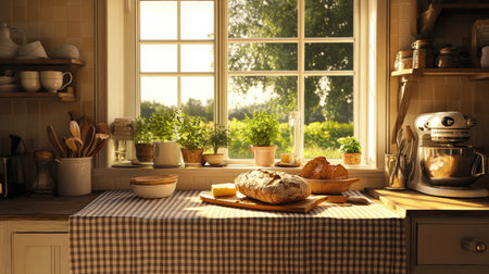 A sunlit kitchen with a farmhouse-style table covered in a gingham tablecloth, with a fresh loaf of bread and butter on top.の素材