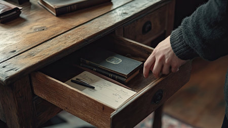 A hand gently pulling open the drawer of a wooden table, with stationery, a pen holder, and a few books neatly arranged inside.の素材