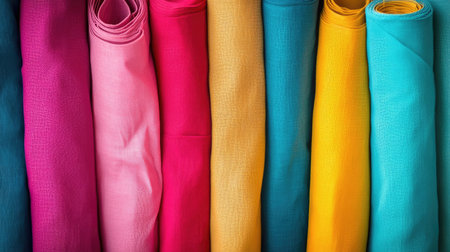A vibrant assortment of cotton fabric rolls in an array of colors like turquoise, fuchsia, and mustard, set against a plain background.の素材