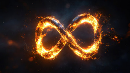 A glowing infinity symbol made of light, suspended in a dark background, creating a sense of endless possibility and eternity.の素材