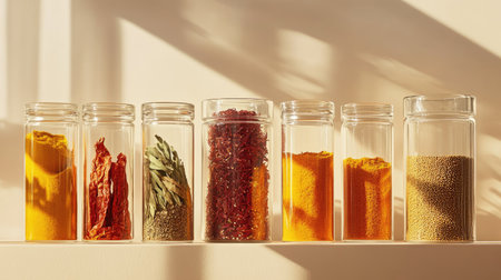 A visually striking display of glass jars filled with vibrant spices like saffron, turmeric, and cayenne pepper, isolated against a light background.の素材