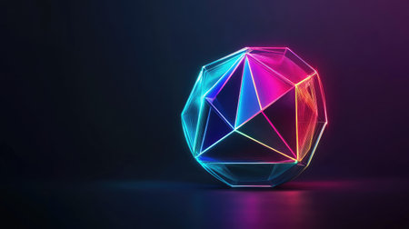 A glowing neon geometric circle in vibrant colors, set against a dark background, creating a striking contrast. The circle's sharp edges stand out with a futuristic look.の素材