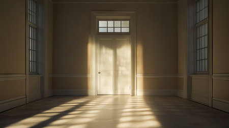Sunlight pouring through an open door into a quiet, empty room, with shadows stretching across the floor in a minimalist design.の素材