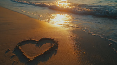 A heart drawn in the soft sand on a peaceful beach, with gentle waves lapping at the shore and a warm sunset casting a golden glow over the scene.の素材