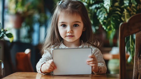 A little girl holding a blank tablet computer while sitting at a table, with a curious look on her face, eager to start her digital adventure.の素材