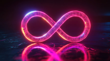 A glowing neon infinity symbol against a dark backdrop, with a futuristic, digital feel, representing endless possibilities and innovation.の素材