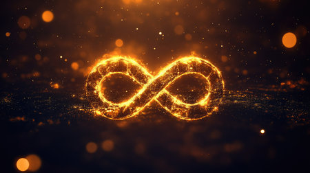A glowing golden infinity symbol floating in space, surrounded by soft bokeh lights, symbolizing the eternal nature of the universe.の素材