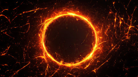 A glowing neon orange circle surrounded by intricate glowing lines, all set against a pitch-black background. The contrast between light and dark creates a mesmerizing effect.の素材