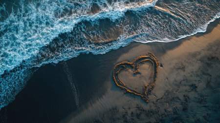 A heart drawn in the wet sand, with the ocean waves just beginning to erase it, symbolizing fleeting love or a moment captured in time.の素材