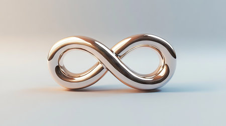 A minimalist infinity symbol formed from two intertwined metallic bands, set against a smooth white background, symbolizing unity and endless connection.の素材