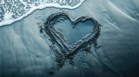 A heart drawn in the sand, its outline clear and sharp, with the tide gently approaching, symbolizing love's fleeting yet powerful nature.の素材