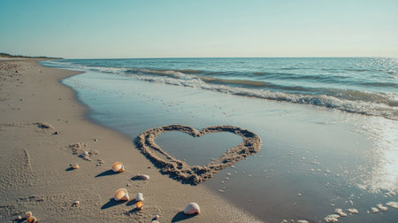A large heart drawn on the sand, with seashells scattered around it and the ocean waves gently approaching, set against a clear, bright day.の素材