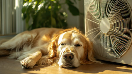 A golden retriever lazily lying on the cool floor with a fan blowing air, staying calm and relaxed. The fan's breeze is a relief on a sunny, warm day.の素材
