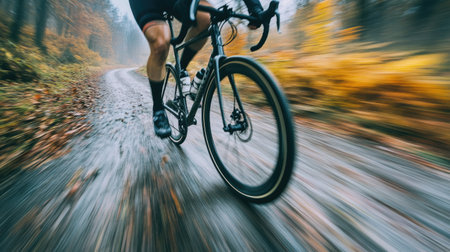 A dramatic shot of a gravel cyclist, with blurred tires and background emphasizing speed.の素材
