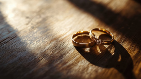 A pair of wedding rings sitting on a wooden table in soft, dramatic light, the shadows creating a romantic and intimate mood for a wedding-related concept.の素材