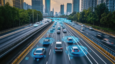 A smart city traffic system with autonomous vehicles driving along a modern highway, connected via IoT.の素材