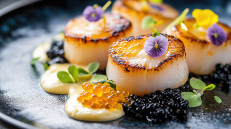 A sophisticated gourmet dish featuring seared scallops, garnished with fresh flowers and luxurious caviar.の素材