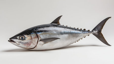 A fresh whole tuna fish with a sleek, shiny appearance placed on a plain backdrop for focus.の素材