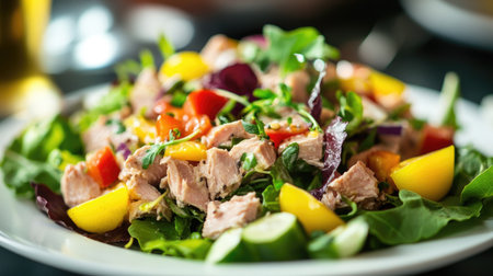 A fresh tuna salad made with canned tuna, mixed greens, and colorful veggies, presented on an upscale plate.の素材