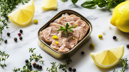 A can of gourmet tuna on a marble countertop, surrounded by fresh herbs and lemon wedges for a refined culinary touch.の素材