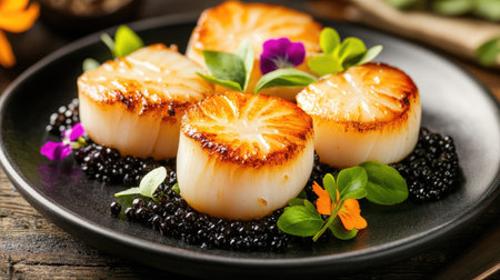 A fine dining plate with seared scallops, artfully arranged with bright edible flowers and a luxurious touch of caviar.の素材