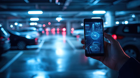 A smart parking system with digital sensors and real-time space availability displayed on a smartphone.の素材