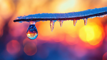 A single icicle with a droplet of water reflecting the vibrant colors of the sunset.の素材