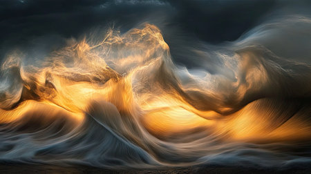 A high-speed capture of water twisting into artistic shapes, highlighted by dramatic lighting.の素材