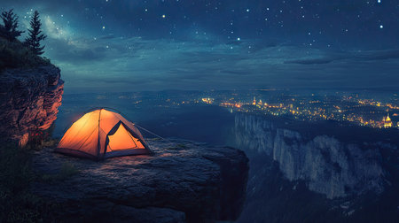 A tent on a cliffside, overlooking a breathtaking nighttime landscape with city lights in the distance.の素材