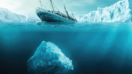 A shipwreck near an iceberg, illustrating the hidden threats that lie beneath the ocean's surface.の素材