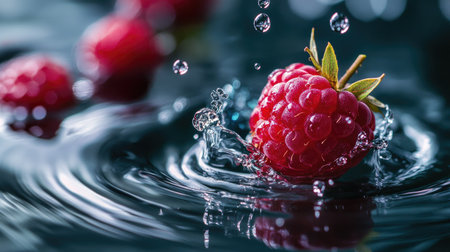 A juicy raspberry breaking the water's surface, sending ripples and droplets flying in all directions.の素材