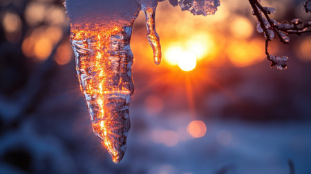 A crystal-clear icicle with the reflection of a fiery winter sunset inside it.の素材