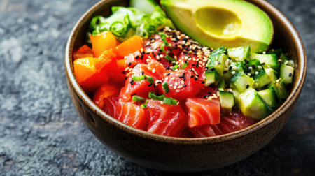 A delicious tuna poke bowl with canned tuna, diced avocado, and crunchy vegetables in a gourmet bowl.の素材