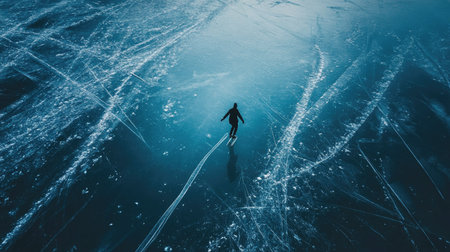 A lone ice skater gliding across a frozen lake, leaving a trail of marks on the ice.の素材