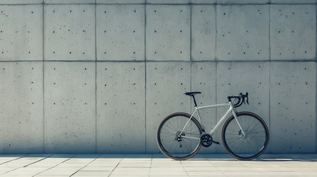 A minimalist gravel bike parked in front of an industrial concrete wall.の素材
