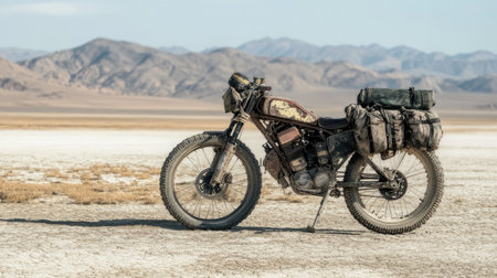 A powerful gravel bike with an aggressive stance, set against a desert landscape.の素材