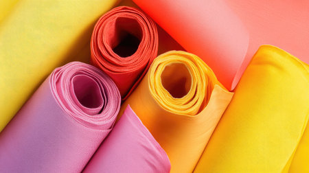 Brightly colored cotton fabric rolls in shades of yellow, orange, and pink, isolated on a smooth, plain background.の素材