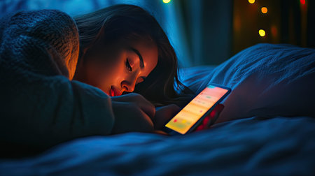 A woman lying in bed at night, illuminated by the soft glow of her smartphone screen as she scrolls online.の素材