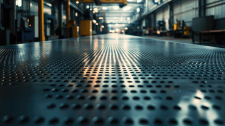 A steel sheet with tiny, perfectly round holes across its surface, reflecting the ambient light in a factory or industrial setting.の素材