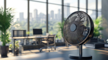 A sleek metal fan in a modern office with natural light streaming in, adding both style and comfort to the workspace.の素材