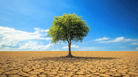 A single tree standing strong in the middle of a dry, empty field under a bright blue sky, symbolizing resilience and solitude.の素材