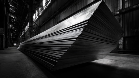 A stack of large metal sheets used in construction, showcasing their smooth, reflective surfaces and industrial strength in a warehouse setting.の素材