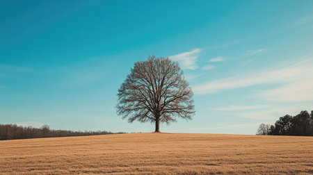 A single tree standing strong in the middle of a dry, empty field under a bright blue sky, symbolizing resilience and solitude.の素材