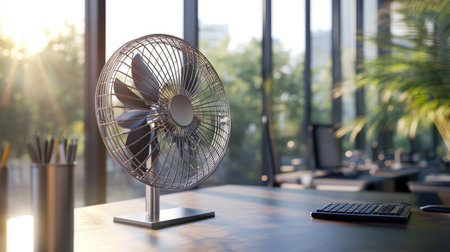 A sleek metal fan in a modern office with natural light streaming in, adding both style and comfort to the workspace.の素材