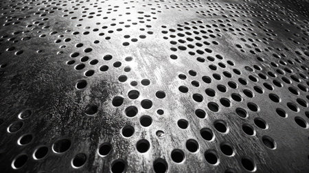 A smooth steel sheet covered in small round holes, capturing the light reflecting off the metal and the intricate perforation pattern.の素材