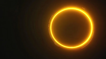 A vibrant neon yellow circle outlined against a dark background, the light gently glowing outward, giving it a sharp contrast and futuristic energy.の素材