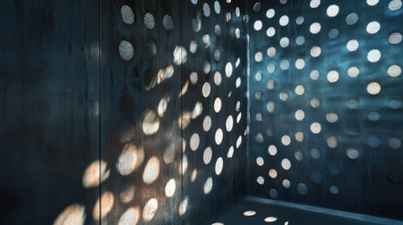 A steel sheet with small circular perforations, casting a subtle shadow effect across its surface, creating an interesting visual texture.の素材