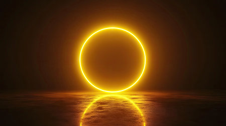 A vibrant neon yellow circle outlined against a dark background, the light gently glowing outward, giving it a sharp contrast and futuristic energy.の素材