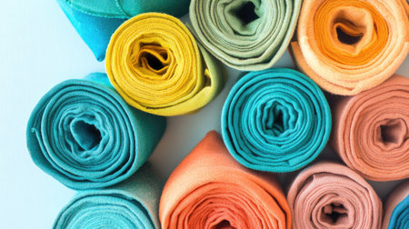 A neatly arranged collection of vibrant cotton fabric rolls in shades of teal, coral, and mustard, isolated on a light background.の素材